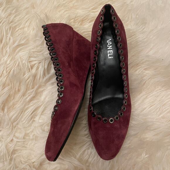 Van Eli 8N Suede Wedge Pumps | Plum Purple, Grommet Trim, Comfort Heels - Picture 2 of 8